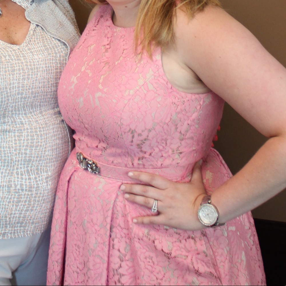 Eliza J floral lace dress with tan underlay